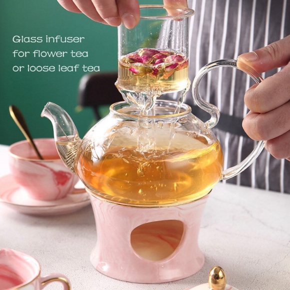 Pink Marble Printed Tea Set w/a Delicate Gold Trim - Picture 2 of 7